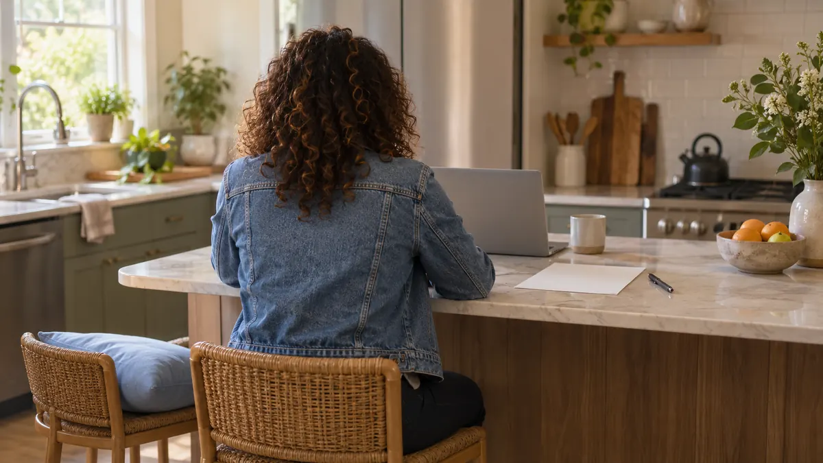 A woman at a kitchen island working on a laptop, with a sheet of paper and a pen beside her.